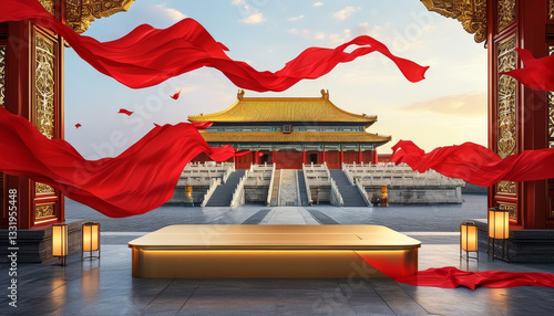 Chinese National Day product display background podium, Imperial Majesty, gold podium, Forbidden City, red walls and golden rooftops, red silk banners, soft lantern light, ad podium platform, product photo