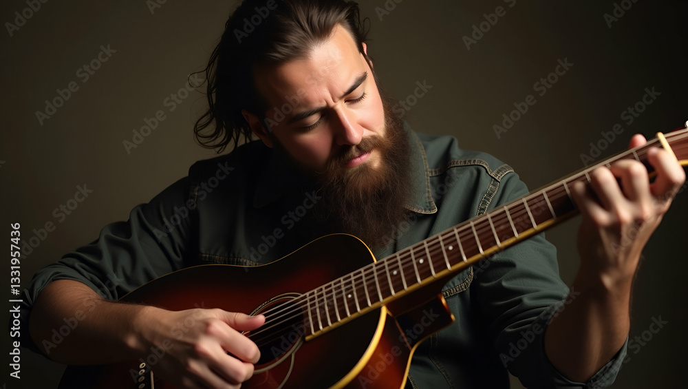 Obraz premium Artisan Vibe: Flat Vector of Bearded Musician Strumming Guitar