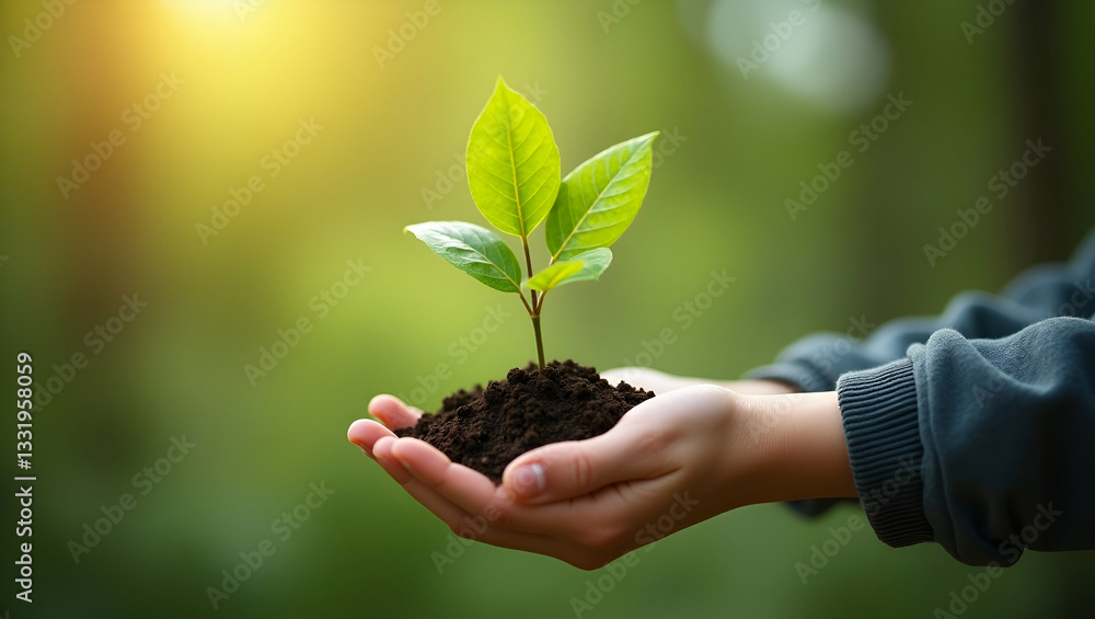 Hand child holding the small tree for planting for environment green world earth day Day. concept caring tree and Love protect nature concept as Child holding small tree for planting symbolizing envir