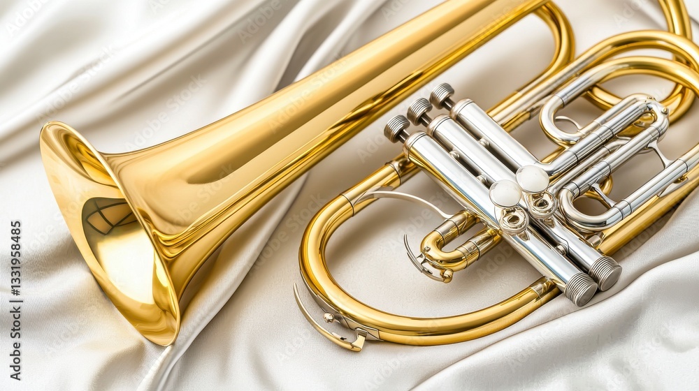 Obraz premium Gleaming Gold Flugelhorn and Trumpet on White Fabric