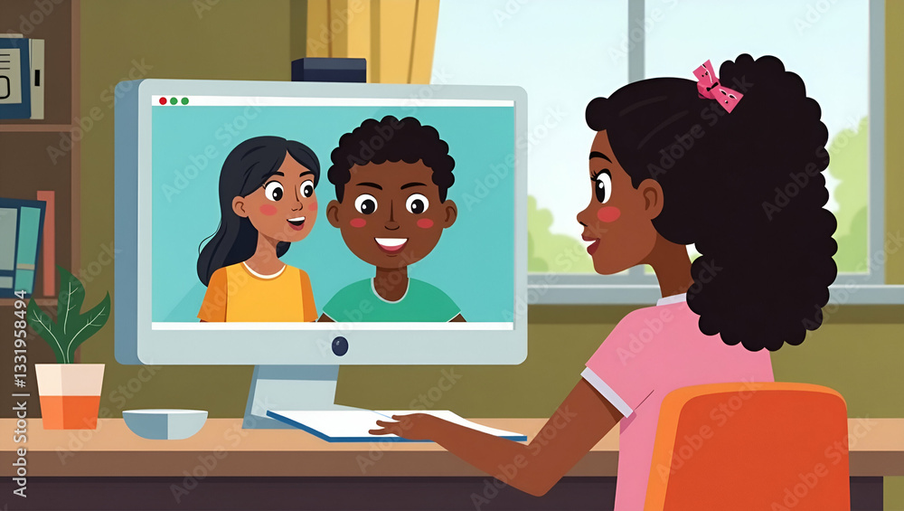 Fototapeta premium Flat Cute African Girl Engaged in Virtual Distance Learning with Teacher and Peers at Home
