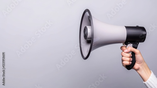 Wallpaper Mural Hand Holding Gray Megaphone Against Light Gray Background Torontodigital.ca