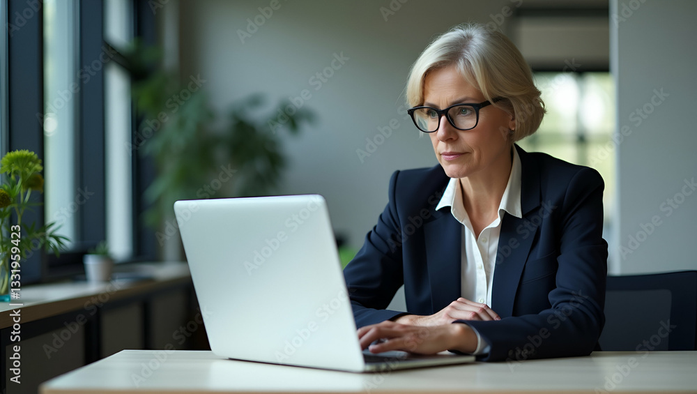 Flat Vector Illustration of a Serious Middle-Aged Businesswoman in Glasses Working on a Laptop at Her Office Desk - Professional Manager Executing Digital Projects with Focused Expression Flat Vector Illustration of a Serious Middle-Aged Businesswoman in Glasses Working on a Laptop at Her Office Desk - Professional Manager Executing Digital Projects with Focused Expression