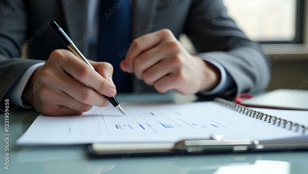 Mans Hand Writing in Notebook with Pen: A Visual Representation of Productivity and Professional Documentation in a Modern Workspace - Stock Photo Concept with Empty Space for Customization Mans Hand Writing in Notebook with Pen: A Visual Representation of Productivity and Professional Documentation in a Modern Workspace - Stock Photo Concept with Empty Space for Customization