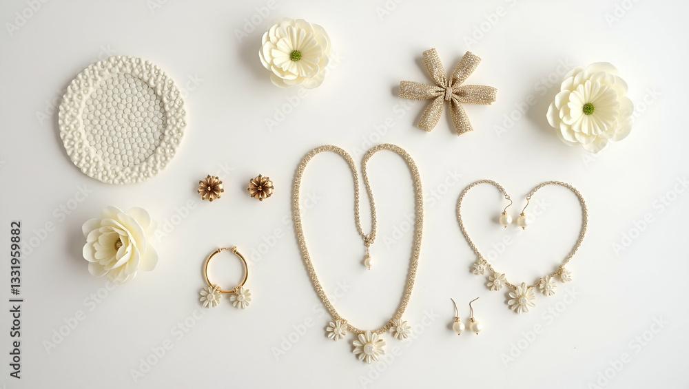 Naklejka premium Sophisticated Flat Lay of Minimalist Bridal Accessory Set: Elegant Jewelry and Decorative Elements for Your Special Wedding Day with Ample Empty Space for Customization