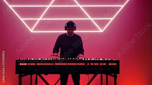 Vibrant Red Room with Geometric Neon Lights Musician on Keyboard Synthesizer Wearing Headphones Creates Modern and Energetic Atmosphere