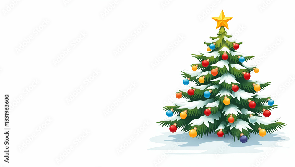Vector Illustration of a Christmas Tree with Lights, Stars, and Snow on Leaves - Isolated on White Background Vector Illustration of a Christmas Tree with Lights, Stars, and Snow on Leaves - Isolated on White Background
