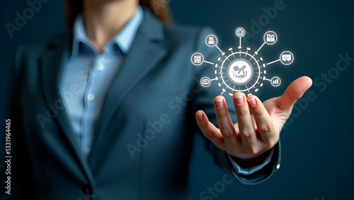 Flat Hand Reviewing Holographic Business Audit Device: Analyzing Compliance Target Data with Cute Vector Illustrations for Smart Business Insights