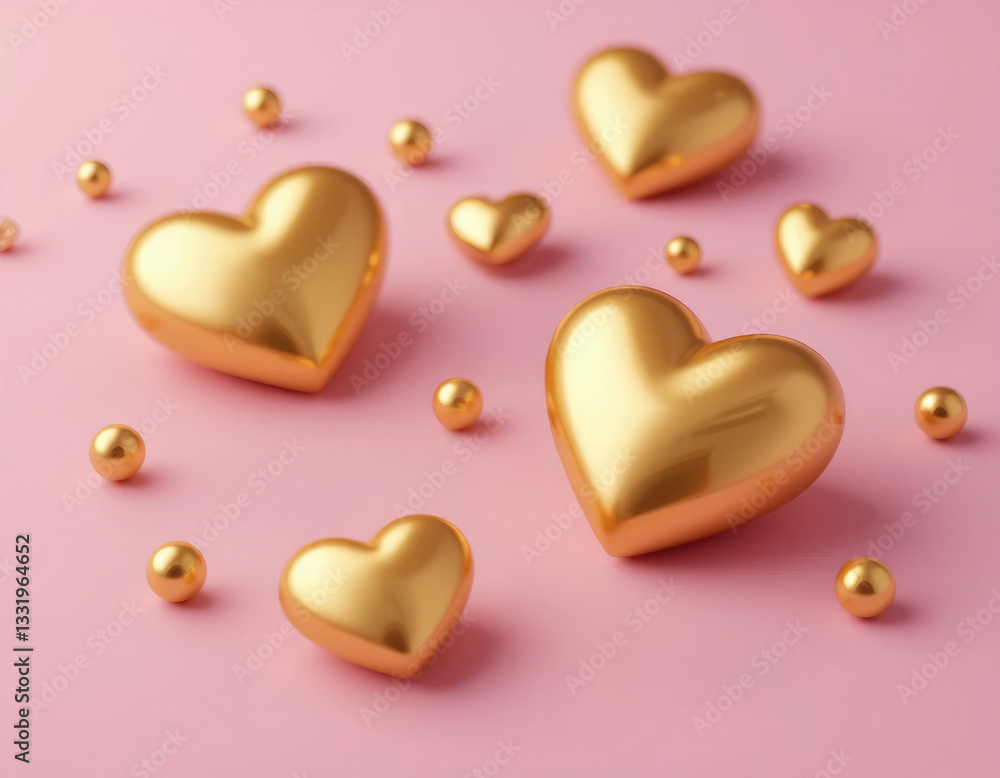 Fototapeta premium Golden Hearts and Spheres on Pink Background Perfect for Celebrations