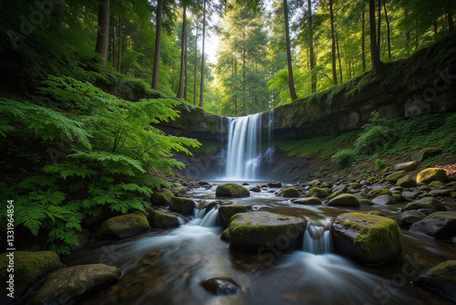 small stream running through a lush green forest