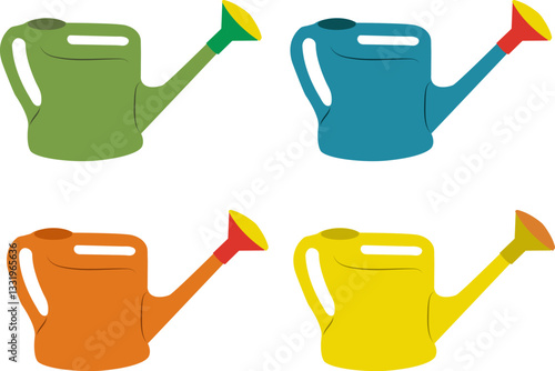 Colorful watering cans arranged in a grid display showcasing vibrant designs and practical gardening tools. Vector Illustration
