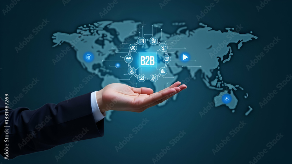 Flat Hand Engaging with Holographic B2B Business Strategy Interface for Effective Partnership Planning Flat Hand Engaging with Holographic B2B Business Strategy Interface for Effective Partnership Planning
