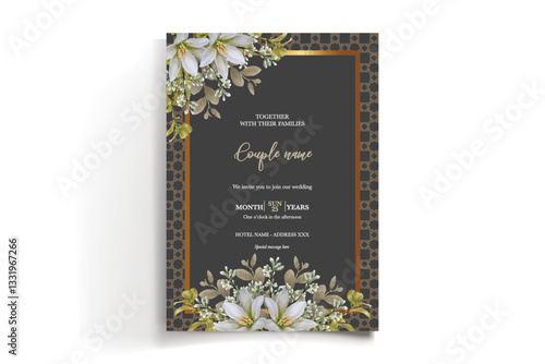 WEDDING INVITATION FRAME WITH FLOWER DECORATIONS AND FRESH LEAVES