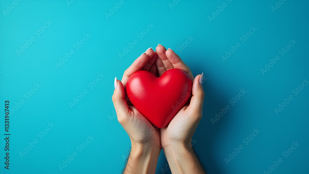 Top View of Hands Holding a Red Heart on Blue Background: Symbolizing Healthcare, Wellbeing, Organ Donation, and Life Insurance for World Heart Day - Stock Photo Concept Top View of Hands Holding a Red Heart on Blue Background: Symbolizing Healthcare, Wellbeing, Organ Donation, and Life Insurance for World Heart Day - Stock Photo Concept