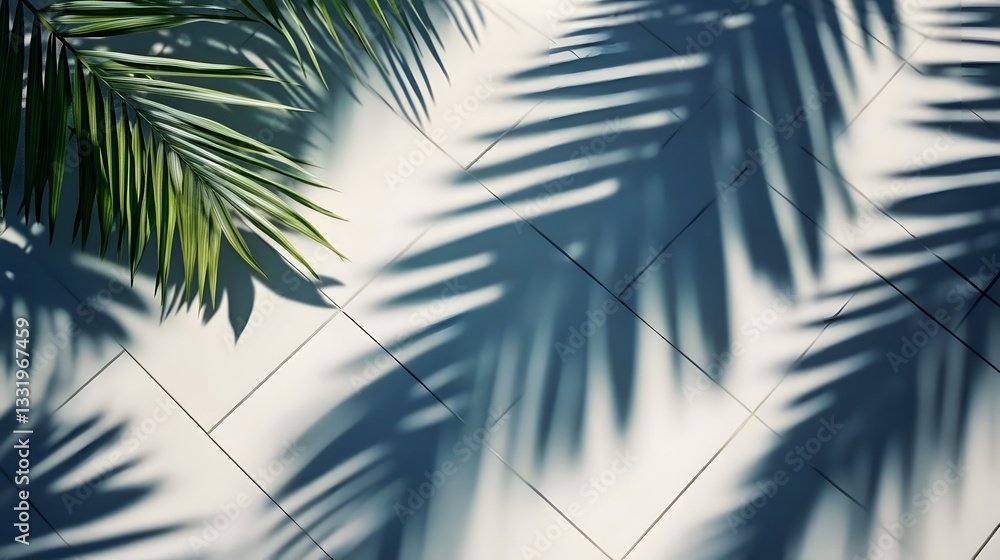 Fototapeta premium Shadow of Palm Leaves on Tiled Floor, Tropical Poolside Vibes