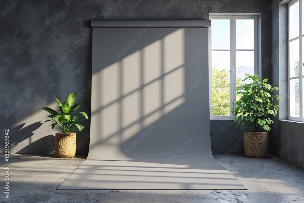 Fototapeta premium Optimal Gray Background for Product Display Utilizing Natural Light and Shadow Effects from Windows
