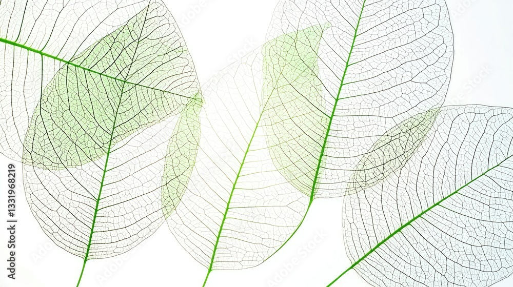 Obraz premium Delicate skeletons of translucent green leaves on white backdrop. Nature or design use