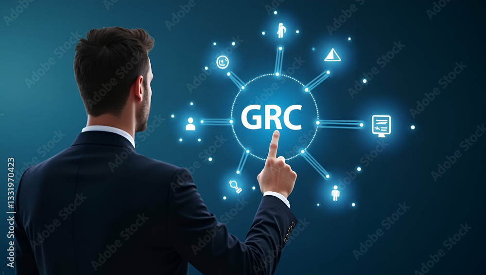 Flat Businessman Engaging with GRC Icons on Digital Interface: A Cute Vector Illustration of Governance, Risk Management, Compliance, and Business Ethics in Organizational Management Flat Businessman Engaging with GRC Icons on Digital Interface: A Cute Vector Illustration of Governance, Risk Management, Compliance, and Business Ethics in Organizational Management