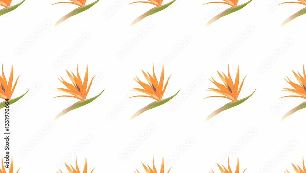 Detailed Botanical Bird of Paradise Seamless Pattern: Lush Green Stems and Petals on White Background for Natural Themed Designs - Perfect for Smart Business Applications in Vector Illustration Detailed Botanical Bird of Paradise Seamless Pattern: Lush Green Stems and Petals on White Background for Natural Themed Designs - Perfect for Smart Business Applications in Vector Illustration