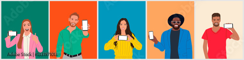 Set of different people showing mobile phone screen. Multiethnic Men, women holding smartphone with blank screen. Phone mockup. Flat vector cartoon illustrations isolated on colorful background.