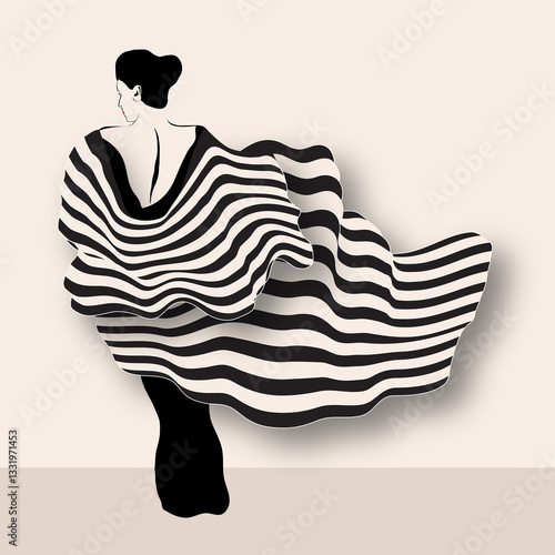 A woman wears a black backless gown adorned with flowing striped capes.