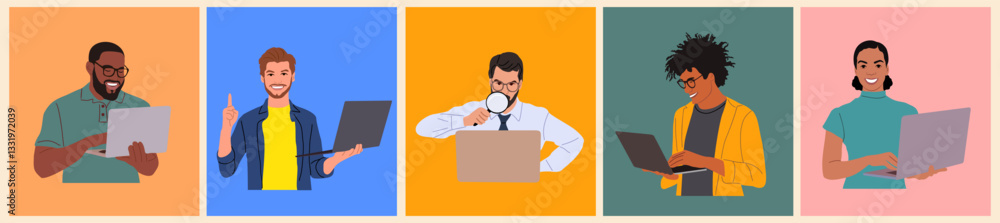Diverse business people working with computer. Men and women, Students, office workers with laptop vector illustration isolated. African american, latin, caucasian characters wearing casual outfit. Diverse business people working with computer. Men and women, Students, office workers with laptop vector illustration isolated. African american, latin, caucasian characters wearing casual outfit.