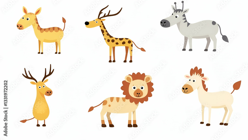 Obraz premium Colorful Flat Set of Cartoon Animals: Playful Watercolor Illustrations
