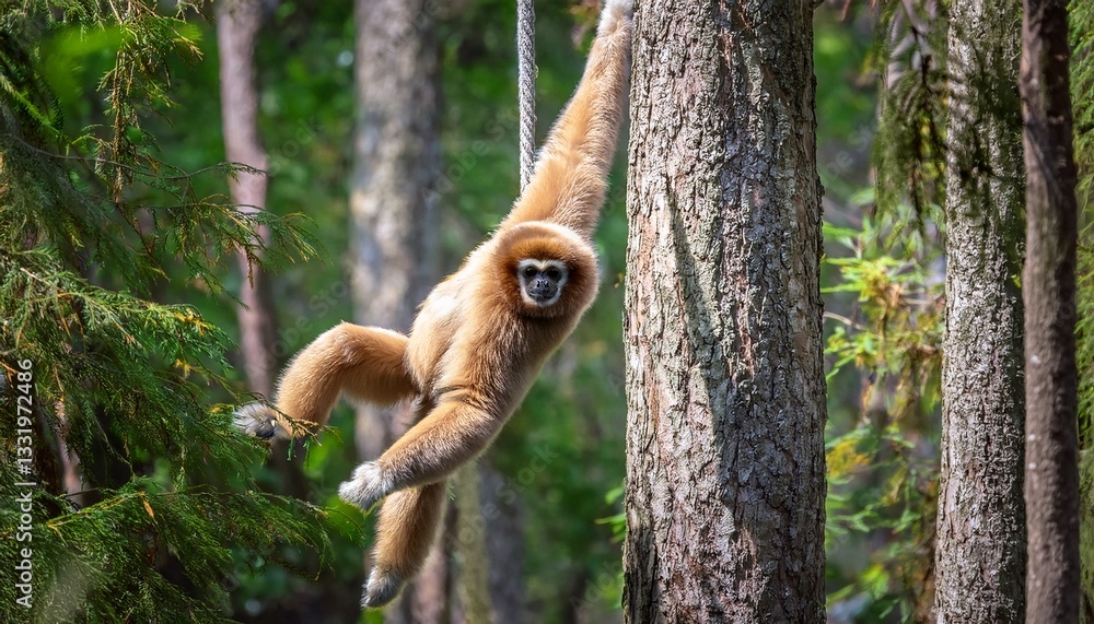 Obraz premium An Amur gibbon swings effortlessly through the tall trees of the taiga forest, its long arms gliding gracefully between branches in the dense, vibrant green surroundings
