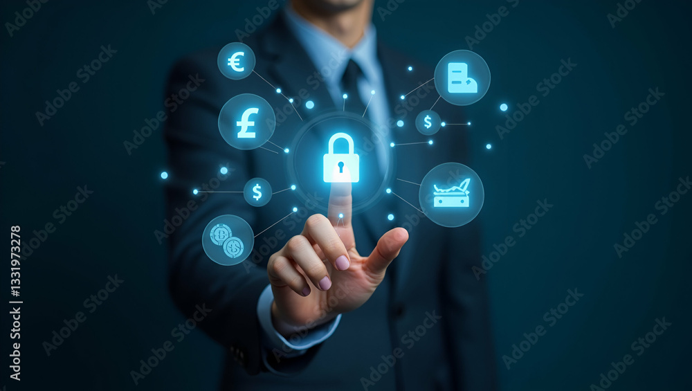 Flat Hand Engaging with Holographic Digital Banking Interface: Exploring Financial Services, Data Security, Currency Exchange, and Payment Icons in a Modern Banking Transformation Flat Hand Engaging with Holographic Digital Banking Interface: Exploring Financial Services, Data Security, Currency Exchange, and Payment Icons in a Modern Banking Transformation