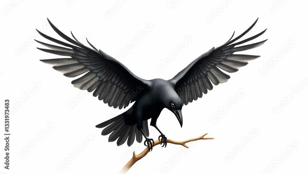 Naklejka premium Spooky Halloween Raven Clipart: Watercolor Black Bird on Branch