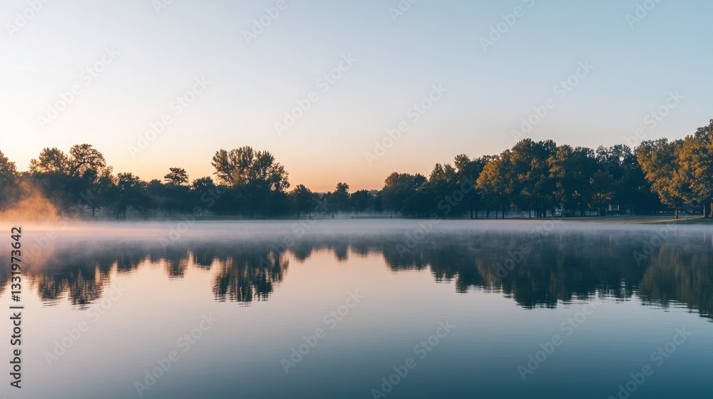 Calm water reflects trees and sky during the peaceful sunrise Calm water reflects trees and sky during the peaceful sunrise