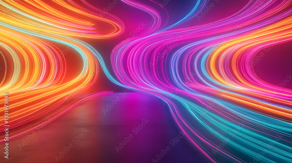 Fototapeta premium Abstract Neon Lights Background with Orange, Pink and Turquoise Swirls. 3D Render.