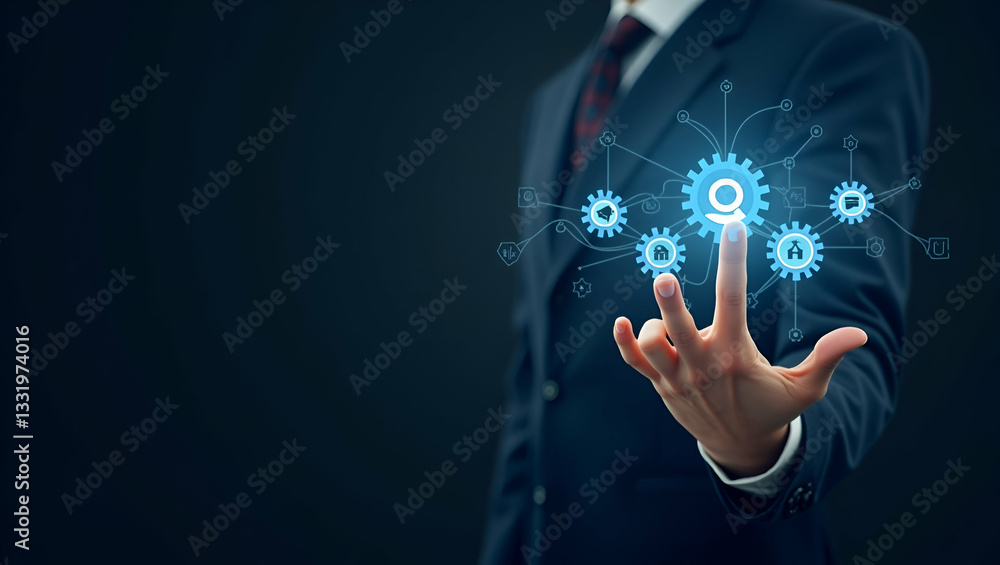Fototapeta premium Hand Manipulating Holographic Gear Icons for Workflow Automation: A Conceptual Photo Stock Image Featuring Empty Space for Customization