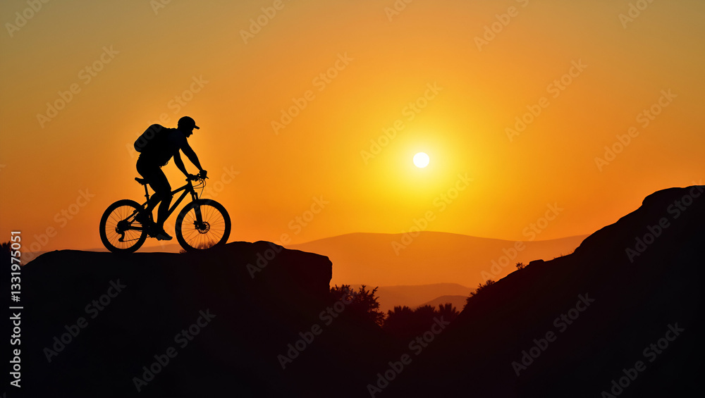 Fototapeta premium Adventure Awaits: Mountain Biker Silhouette at Sunset in Nature