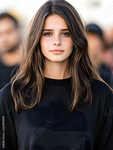 Young woman with long brown hair and a black top