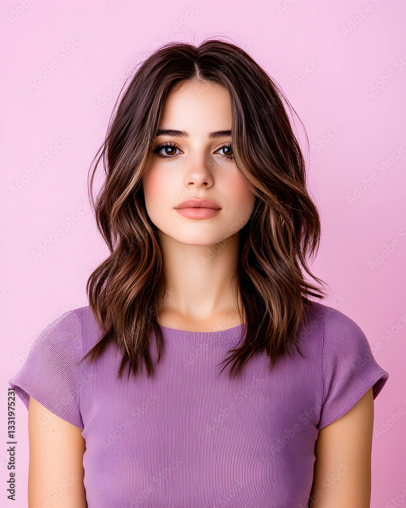 Fototapeta premium Young woman with wavy brown hair and mauve top