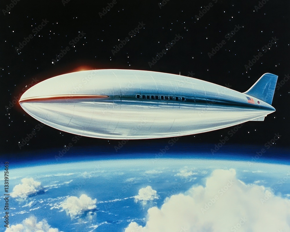 Obraz premium A stunning painting depicts a large, sleek white airplane soaring gracefully above a vibrant blue planet, its surface adorned with swirling clouds and shimmering oceans, evoking a sense of adventure.