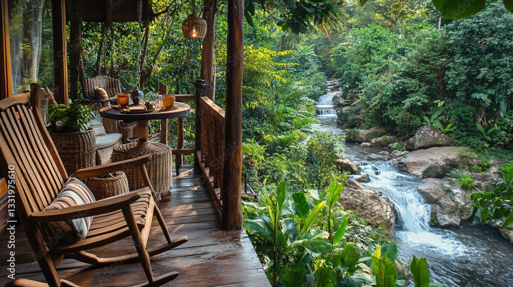 A Wooden Porch Overlooking a Waterfall and Lush Greenery A Wooden Porch Overlooking a Waterfall and Lush Greenery