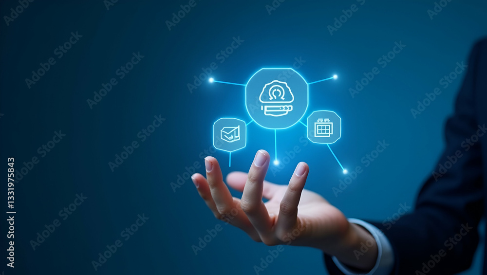 Hand holding holographic quality control device showing certification standards assurance icons on blue background in empty space concept as Hand holds holographic quality control device displaying ce Hand holding holographic quality control device showing certification standards assurance icons on blue background in empty space concept as Hand holds holographic quality control device displaying ce