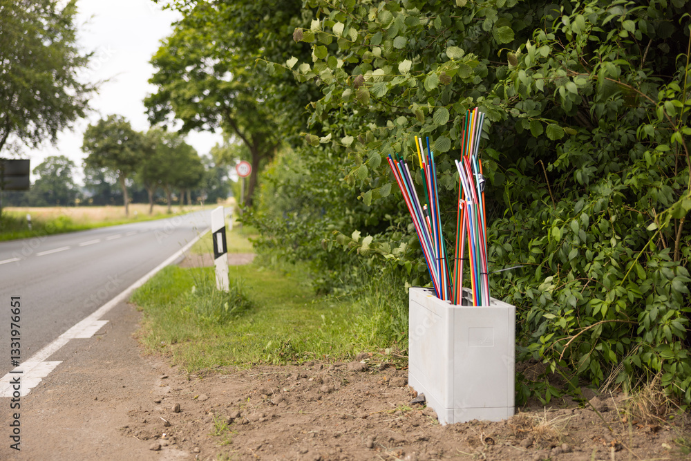 Offene Glasfaser-Verteilerbox mit bunten Glasfaser-Rohren – Breitbandausbau in Wohngebieten, modernes Telekommunikationsnetz für Highspeed-Internet und Digitalisierung.
