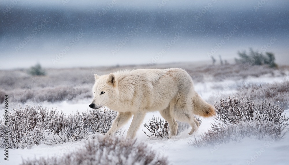 Obraz premium An Arctic wolf, with thick, white fur, silently stalks its prey across the frozen tundra. Snowflakes swirl around, adding to the stark, cold beauty of the icy landscape