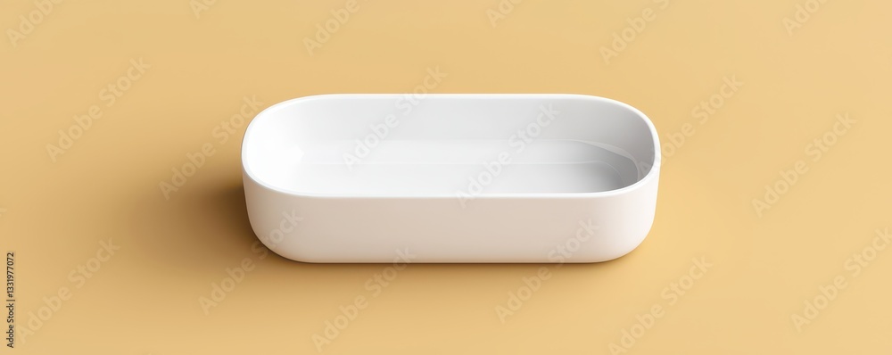Modern White Ceramic Rectangular Dish Empty Container Studio Shot on Beige Background Modern White Ceramic Rectangular Dish Empty Container Studio Shot on Beige Background