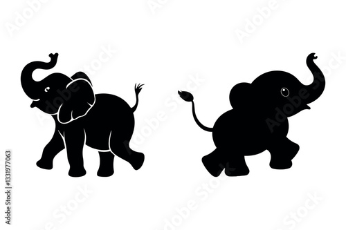 Elephant Silhouette Clipart – Baby, Cute, Wildlife, Vector, Black and White