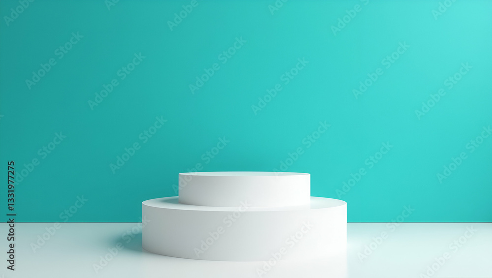 White Cylindrical Podium with Two Levels for Product Display Against Blue Green Wall - Photo Stock Concept White Cylindrical Podium with Two Levels for Product Display Against Blue Green Wall - Photo Stock Concept