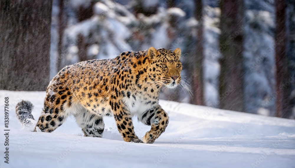 Obraz premium An elusive Amur leopard, with its golden spotted coat, glides through the thick snow in the Siberian forest, blending seamlessly with the wintry landscape under the pale winter sky. 