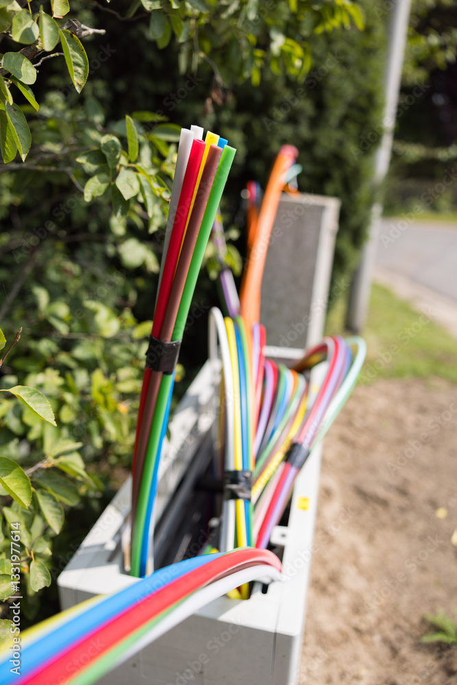 Offene Glasfaser-Verteilerbox mit bunten Glasfaser-Rohren – Breitbandausbau in Wohngebieten, modernes Telekommunikationsnetz für Highspeed-Internet und Digitalisierung.