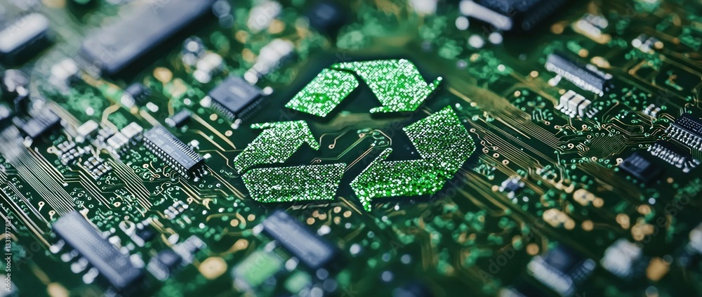 Green recycling symbol on a circuit board representing sustainable technology and eco friendly practices in the tech industry Green recycling symbol on a circuit board representing sustainable technology and eco friendly practices in the tech industry