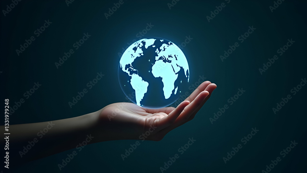 Flat Hand presenting holographic investment climate change symbol representing investment climate change in empty space background concept as A hand showcases holographic investment climate change sym Flat Hand presenting holographic investment climate change symbol representing investment climate change in empty space background concept as A hand showcases holographic investment climate change sym