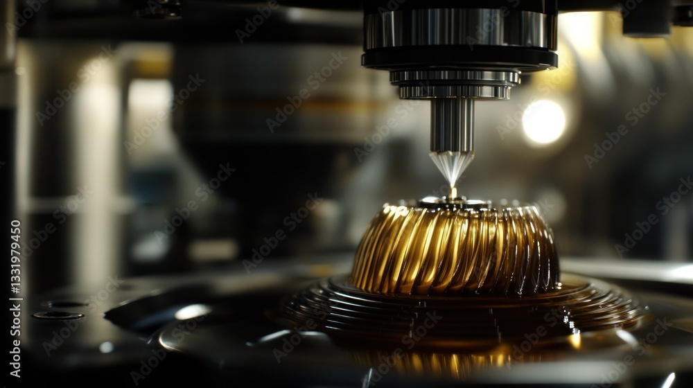 A precision machine operating on a complex golden object A precision machine operating on a complex golden object