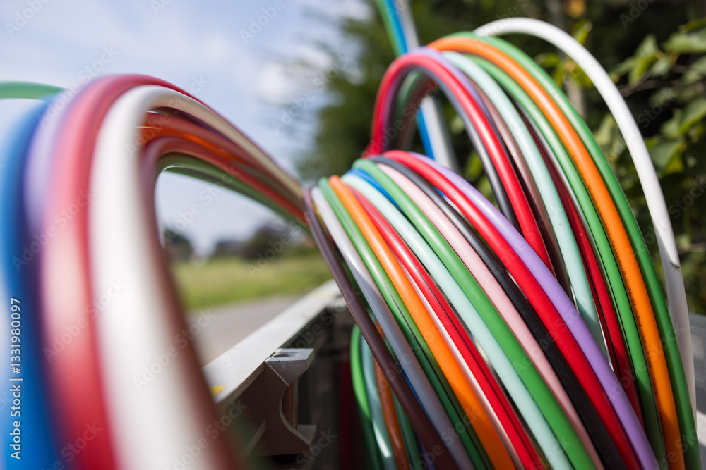Offene Glasfaser-Verteilerbox mit bunten Glasfaser-Rohren – Breitbandausbau in Wohngebieten, modernes Telekommunikationsnetz für Highspeed-Internet und Digitalisierung.